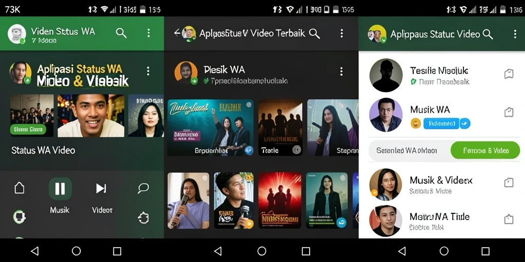 Antarmuka aplikasi 73K dengan berbagai pilihan Status WA Video.